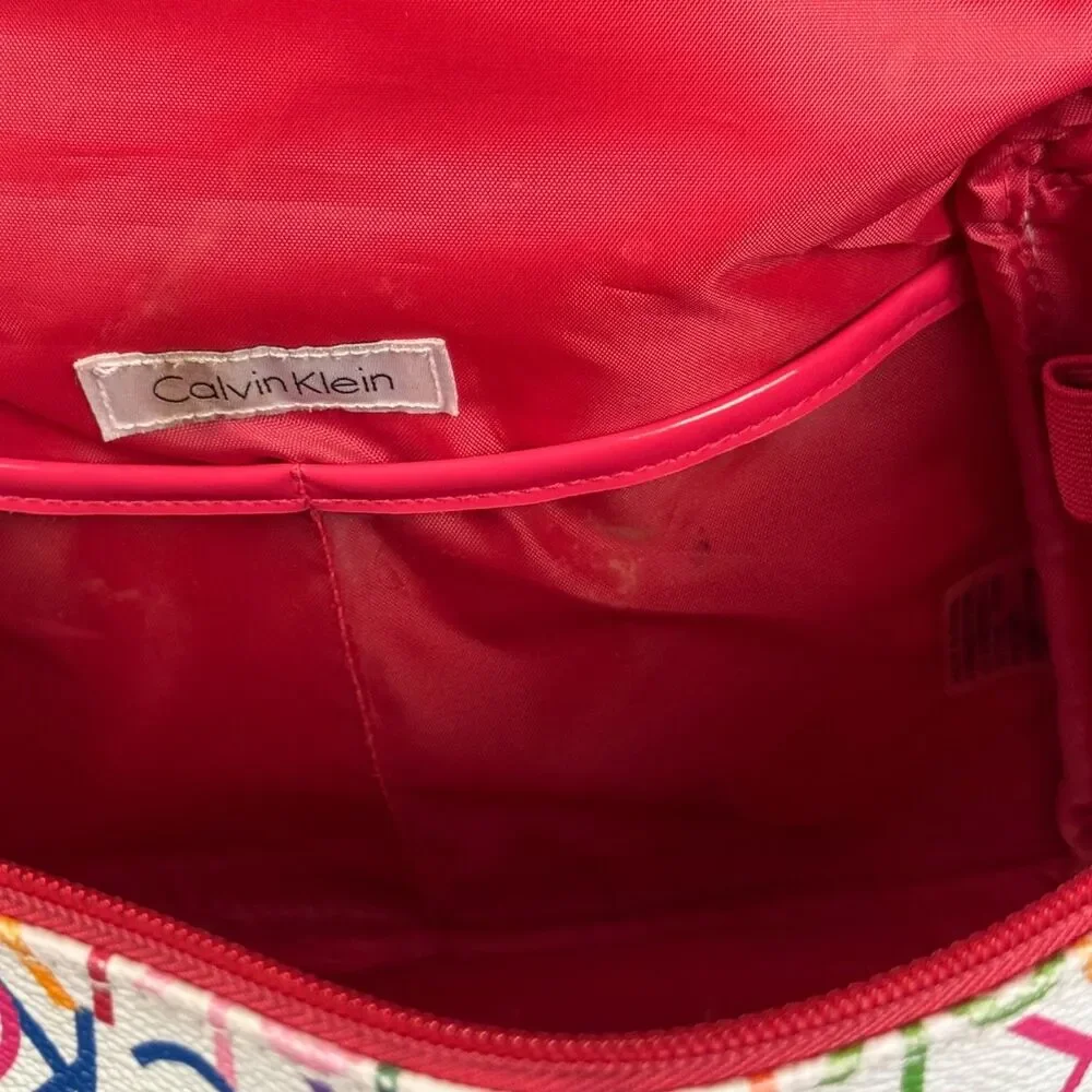 Calvin Klein Rainbow Multi Color Monogram Makeup Bag Tote With Handle Red Zipper